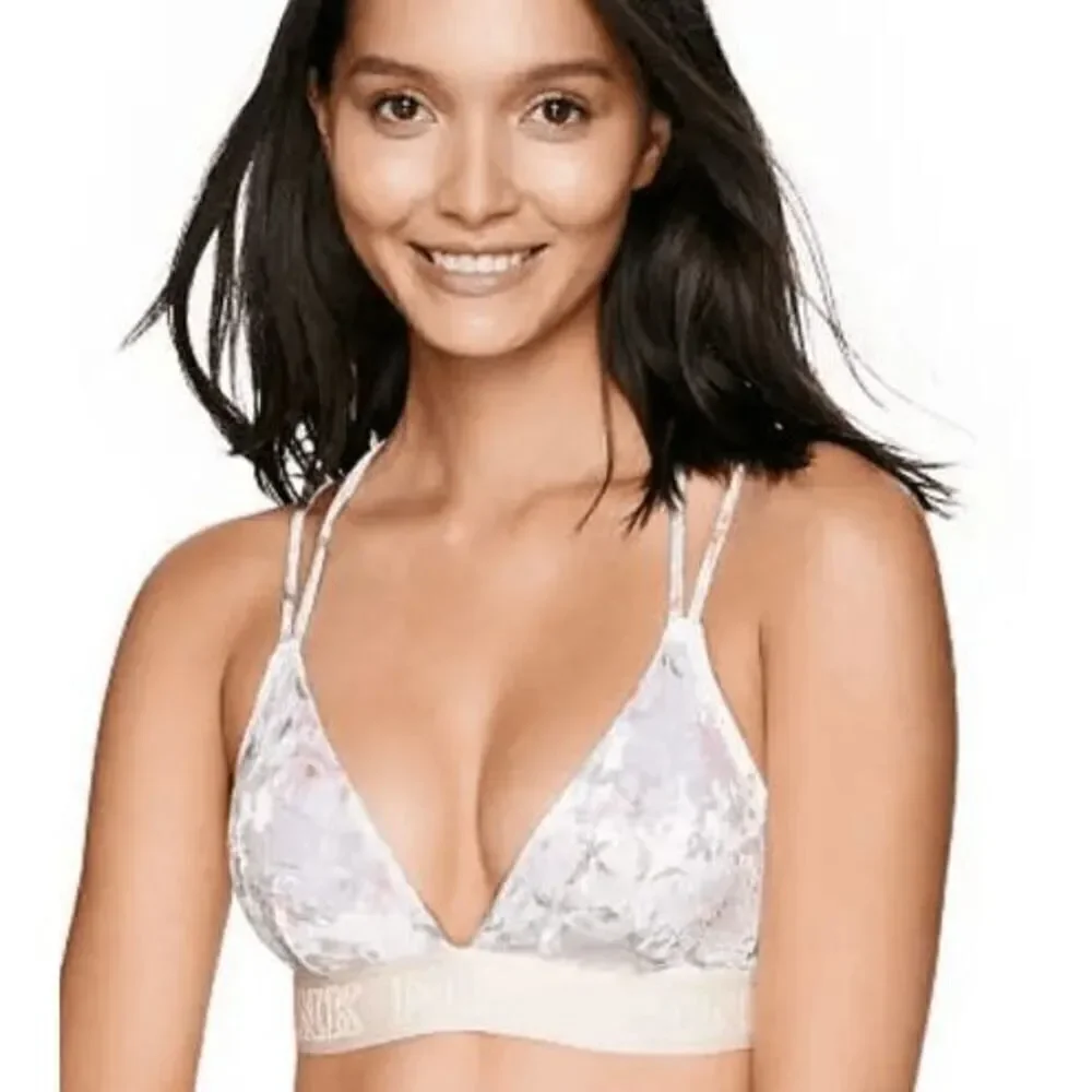 PINK Victorias Secret White Floral Velvet Triangle Strappy Bralette Small‎ NWT